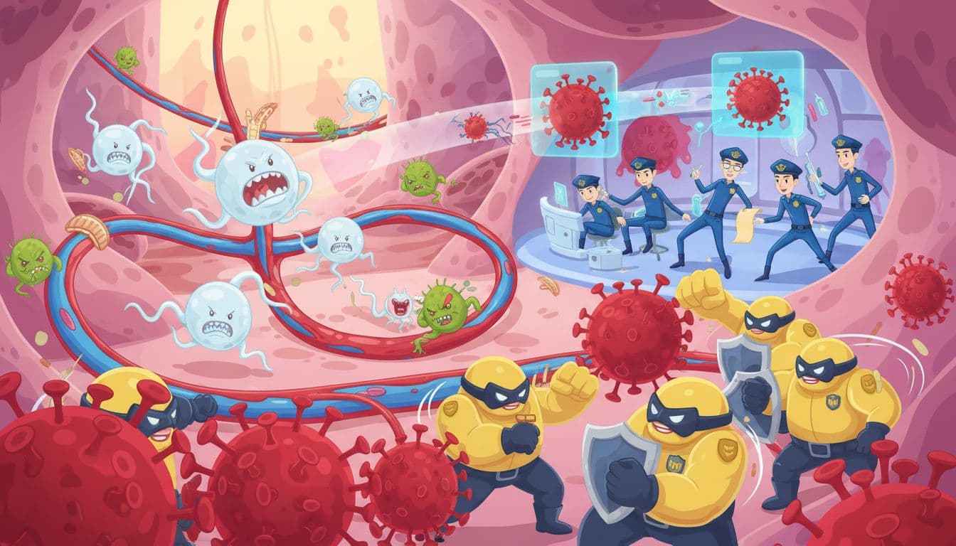 Cartoon-style illustration of the human immune system depicted as a security team inside the body, with innate immune cells as frontline guards responding to virus intruders and adaptive cells as specialized agents producing antibodies.