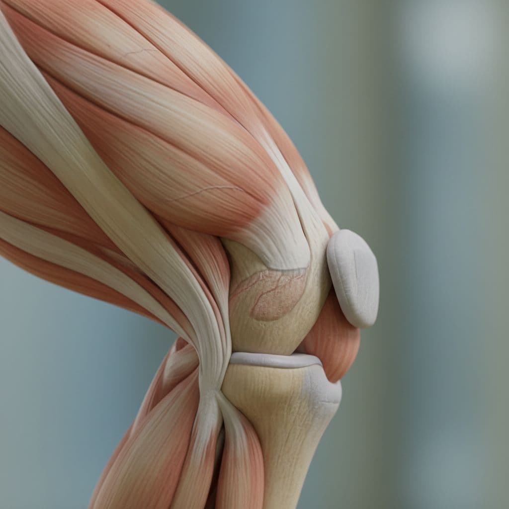 A detailed close-up view of a human knee joint showing anatomical structure during physical movement.