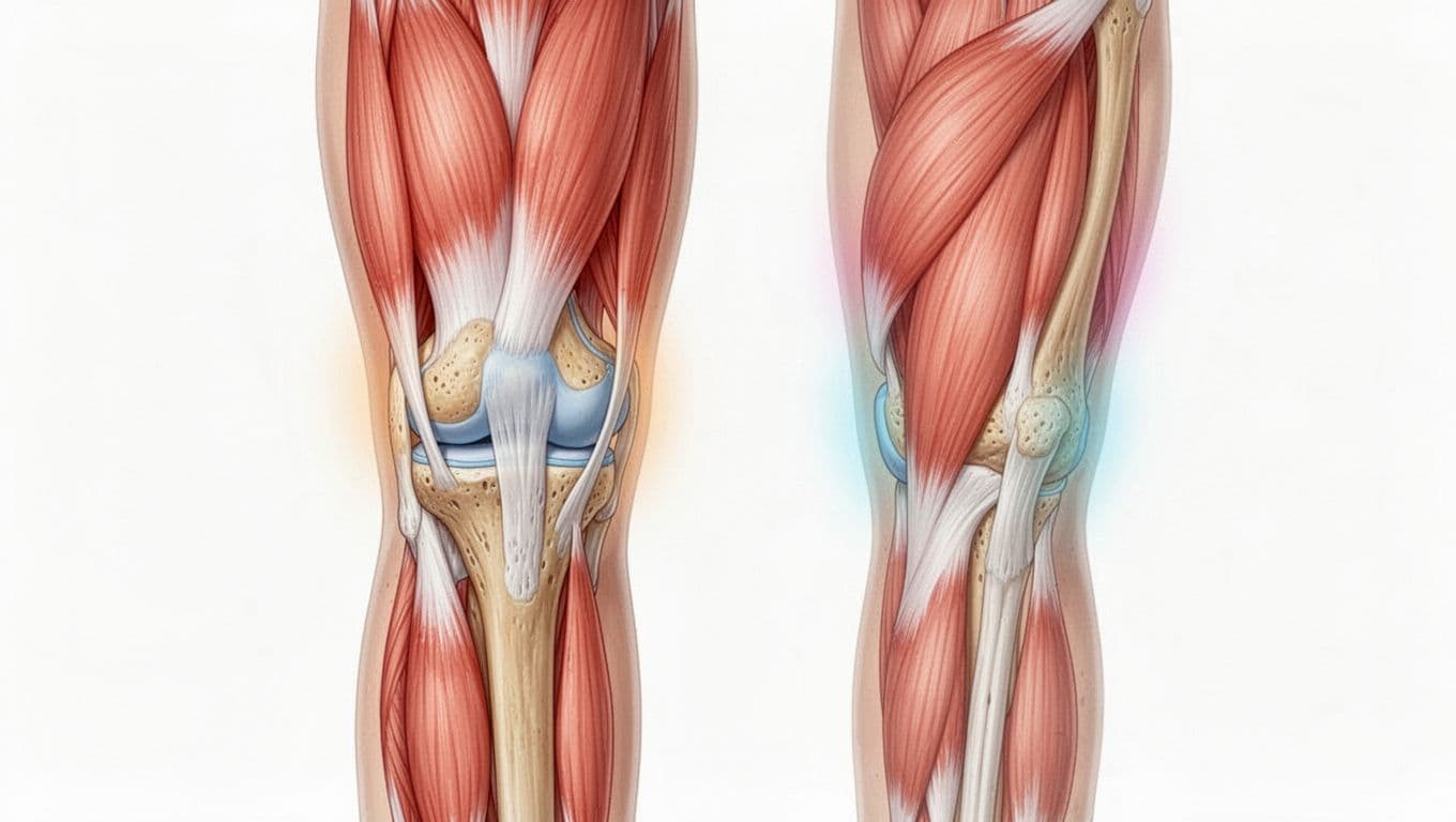 Detailed anatomical view of the human right knee joint from front and side perspectives, highlighting quadriceps, hamstrings, gluteus maximus, and gastrocnemius calf muscles with subtle colorful glows. Realistic medical textbook illustration on a clean white background with even bright lighting.