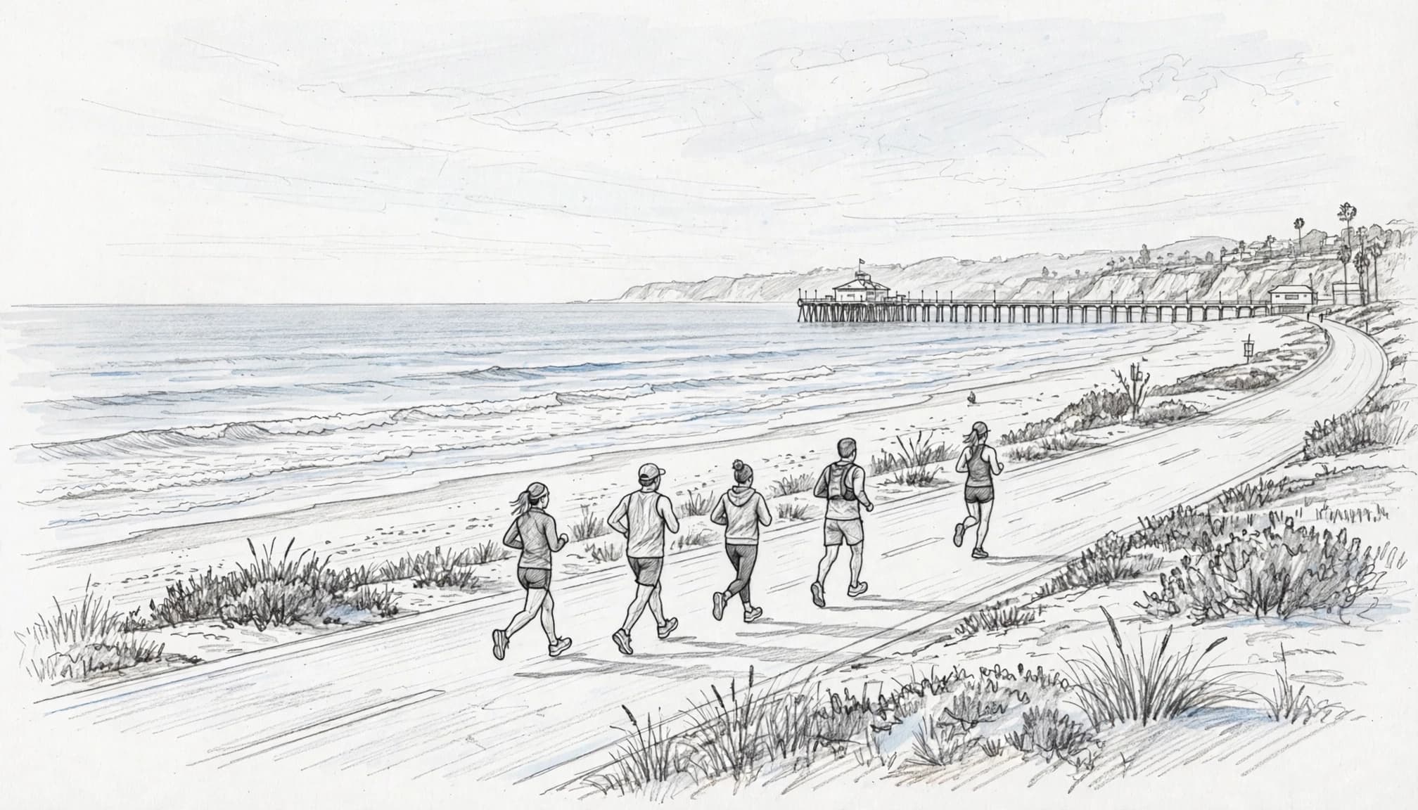 Five runners follow a beachfront route with the ocean and a distant pier behind them.
