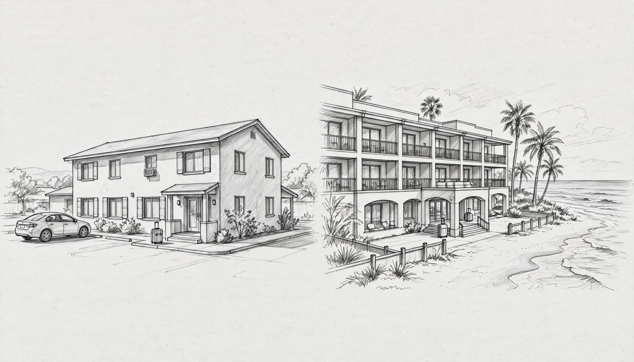 A sketch compares an inland hotel with a beachfront hotel, alongside a parked car and suitcase.