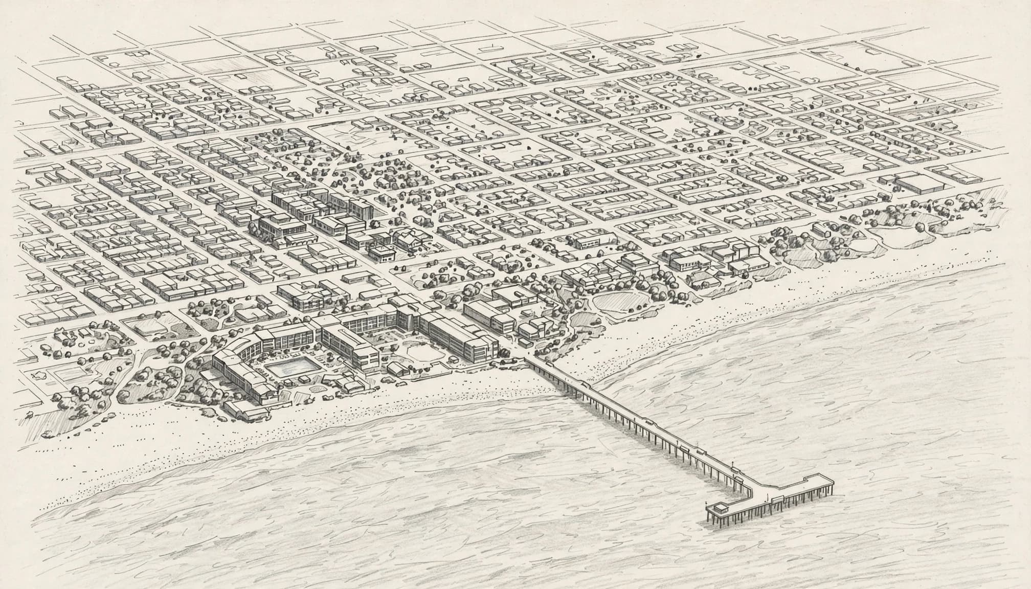 A beachfront resort, downtown inn, pier, and inland streets viewed from above.