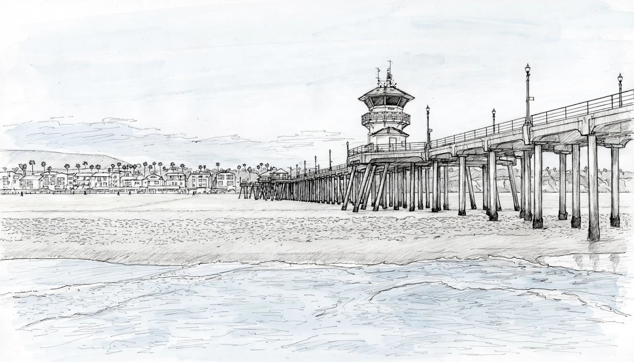 A sketched pier overlooks the beach, with three distant figures on the path and buildings beyond.