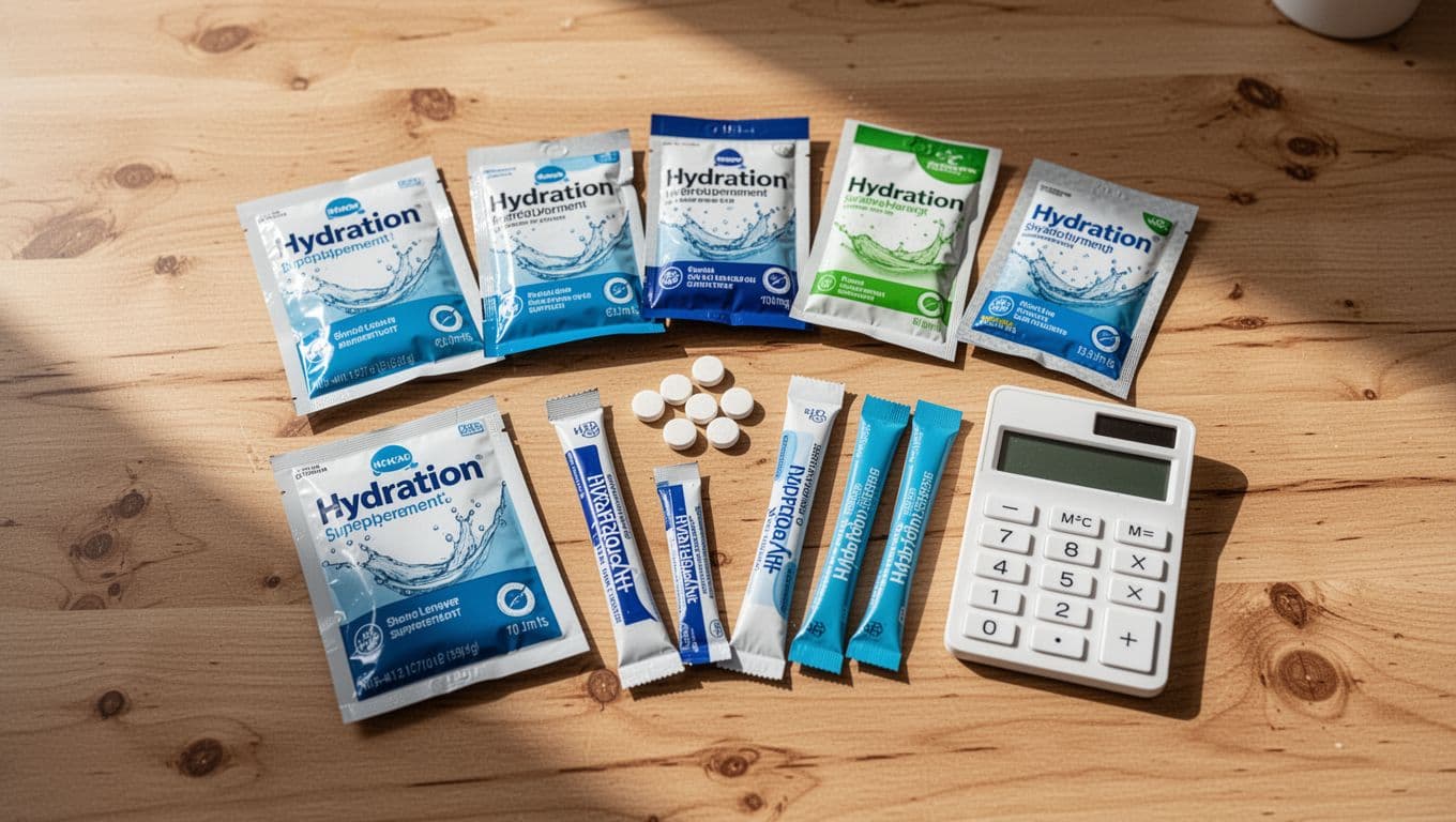 Variety of supplement packets, tablets, and powder sticks on wooden table with water bottles, coins, and calculator.