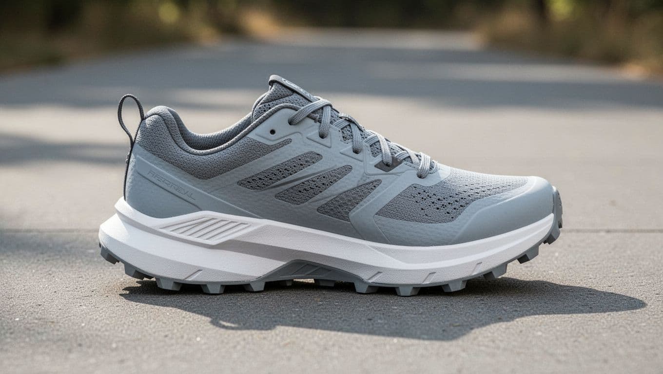 A side profile view reveals the thick white midsole and wide, stable outsole base of this modern trail shoe resting on a smooth grey surface to highlight its structural geometry.