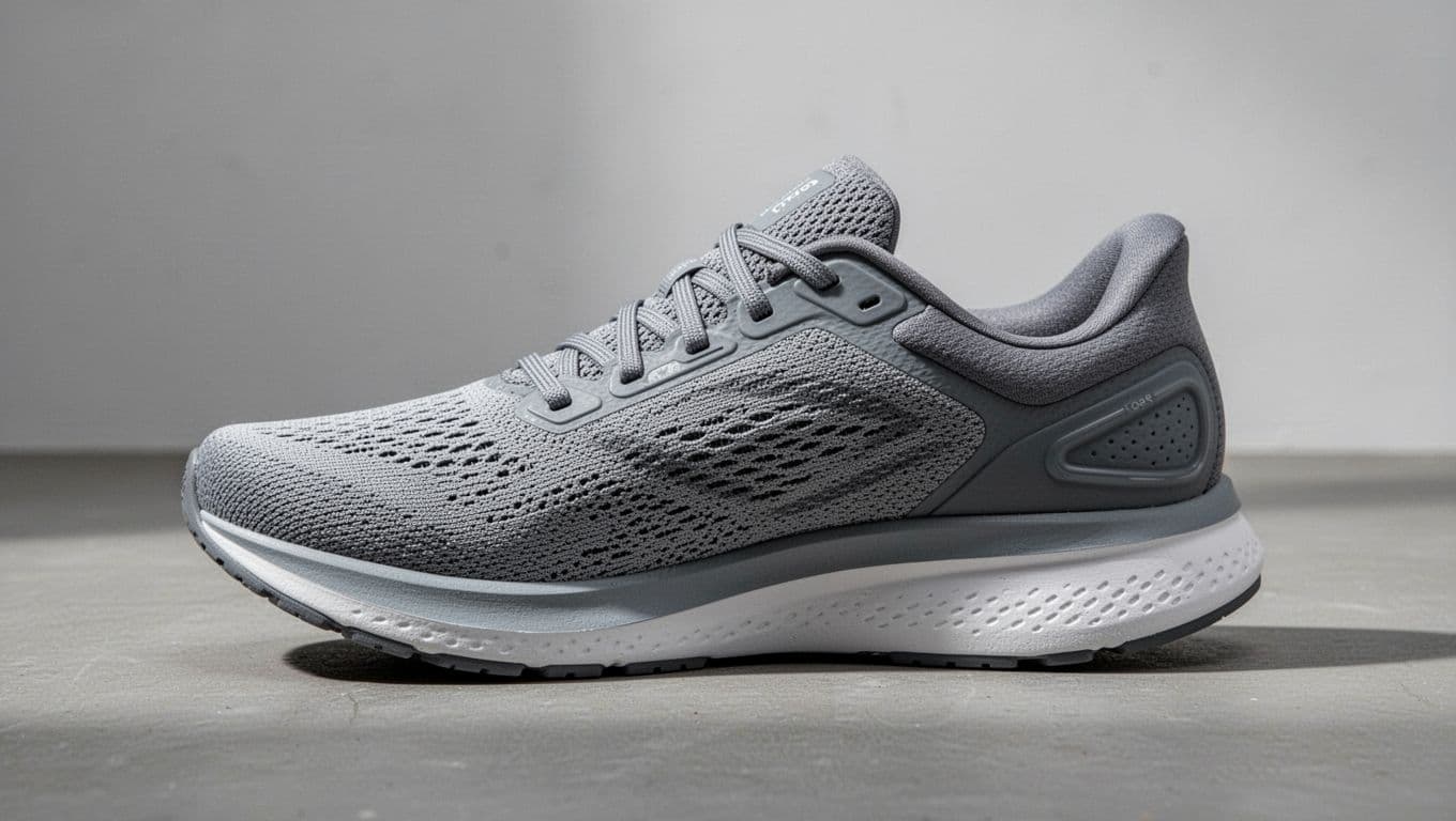 A side profile of a grey running sneaker rests on a smooth studio surface. The focus highlights the intricate engineered mesh fabric, secure lacing system, and cushioned collar for structural support.