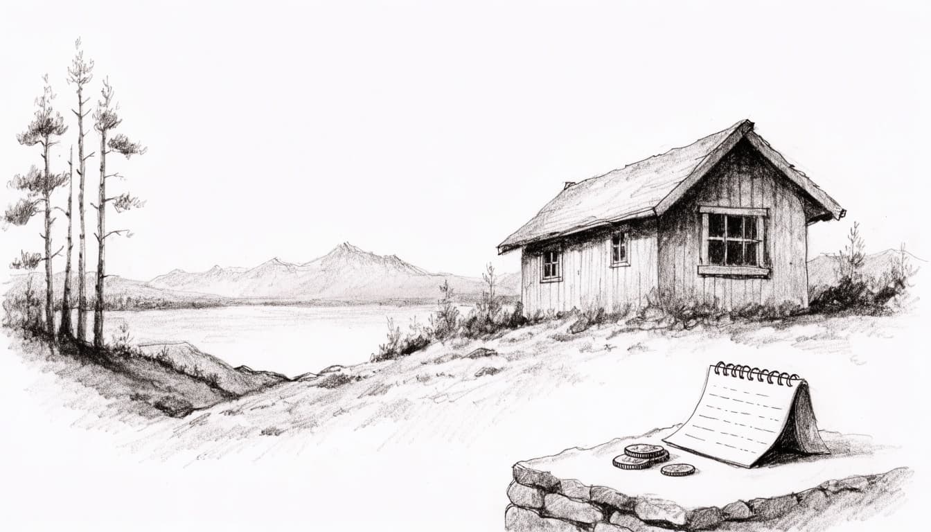 A pencil sketch of a tiny cabin near a lake with a small calendar and coins on a stone ledge in the foreground.