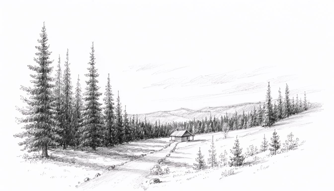 A graphite sketch of a tiny cabin near a pine forest and distant mountains.
