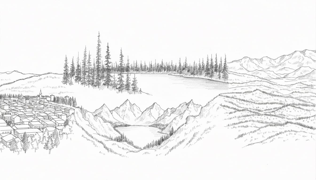 A graphite sketch showing a panoramic landscape with a city, forests, lakes, and mountains.