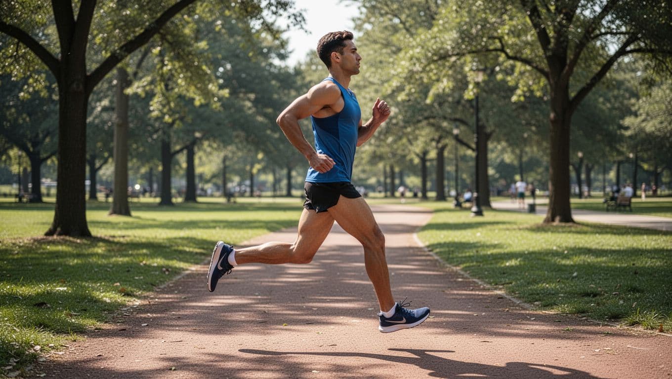 Side profile of athletic runner in mid-stride on sunny park trail with head-to-feet alignment.