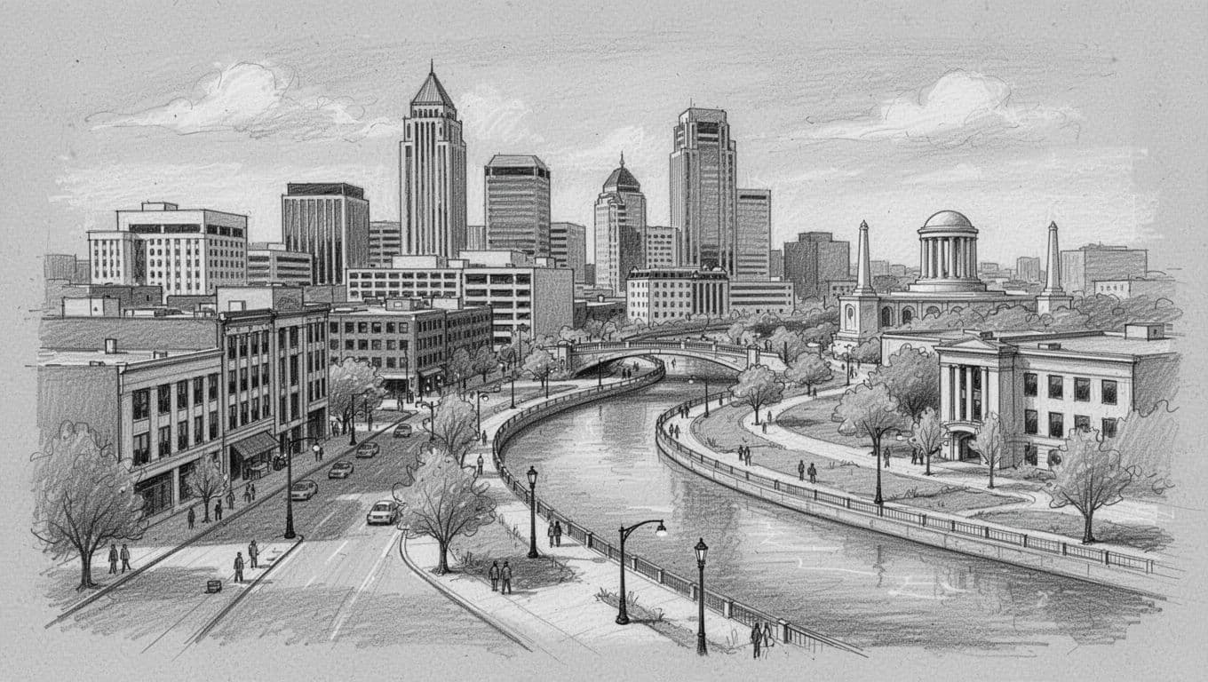 A graphite drawing on textured gray paper displays the city skyline rising above the Canal Walk. In the background, the tall silhouette of Monument Circle anchors this detailed downtown architectural scene.
