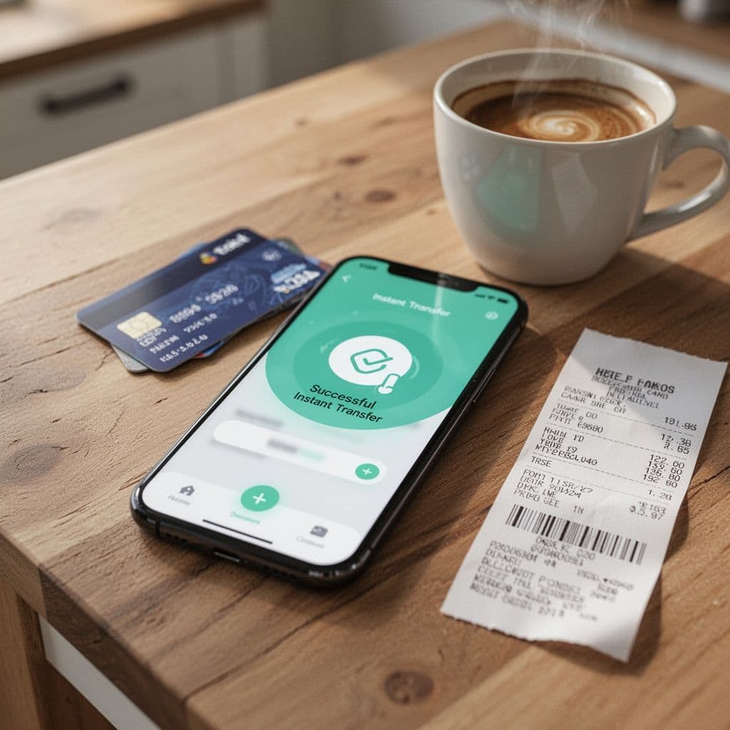 Smartphone displaying successful instant transfer confirmation screen in a mobile banking app, resting on wooden kitchen table next to coffee cup and receipt. Angled composition with natural daylight lighting in clean photorealistic style.