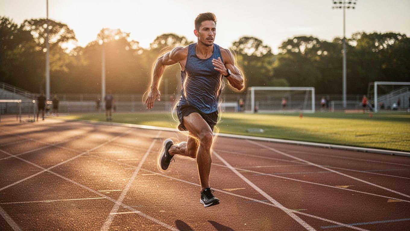 A lone male runner pushes intensely during a 5K race on an outdoor track, muscles subtly glowing with glycogen energy like rocket fuel, captured in dynamic realistic athletic photography at golden hour.