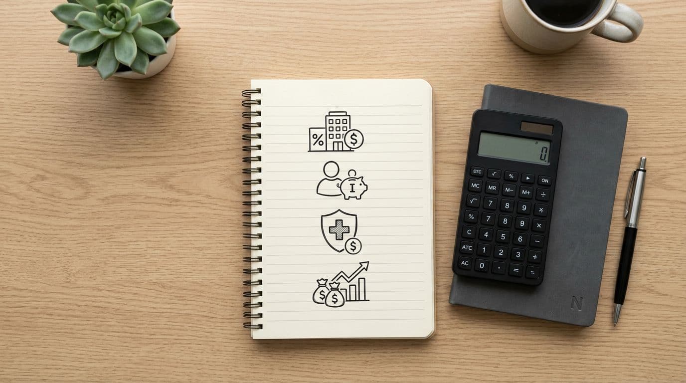 Top-down flat lay view of a clean modern desk with a notepad displaying simple icons for investment priorities in ladder order: employer retirement plan, IRA, health savings account, and brokerage, alongside a calculator, notebook, and pen in soft natural light.