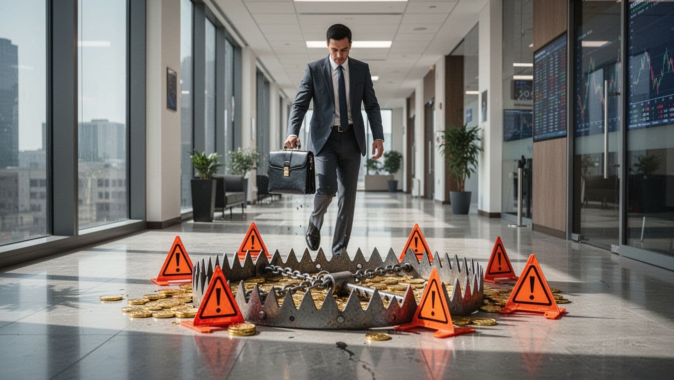 Investor with briefcase steps around steel trap baited with gold coins and high-yield labels in office corridor.