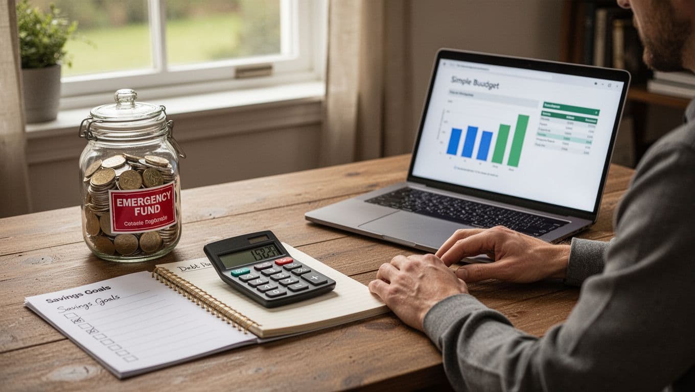 A single investor relaxes at a cozy home desk featuring an emergency fund jar, debt payoff calculator on notepad, savings goals checklist, and laptop displaying a simple budget chart under natural window light in realistic photography.
