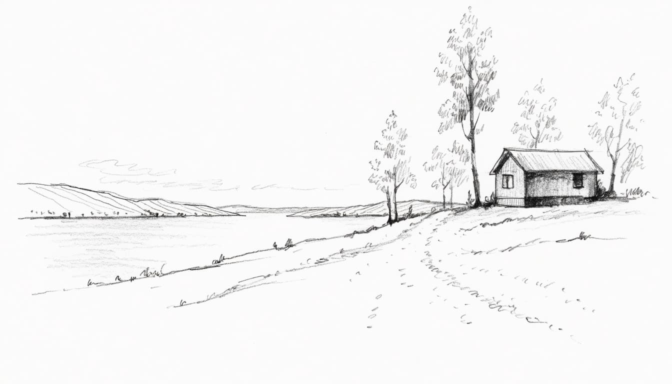 A pencil sketch of a small cabin beside a lake with rolling fields in the distance.