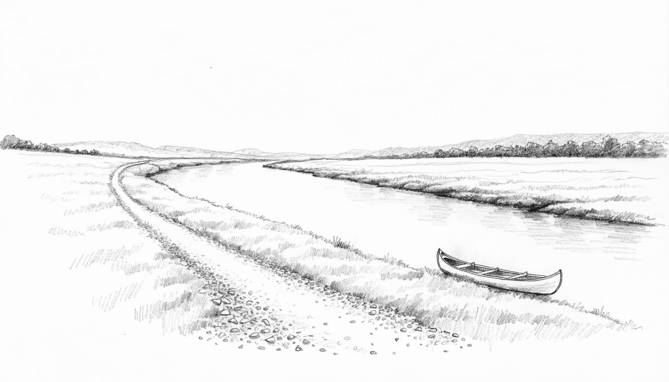 A pencil sketch of a winding trail beside a broad river and a canoe resting on the shore.