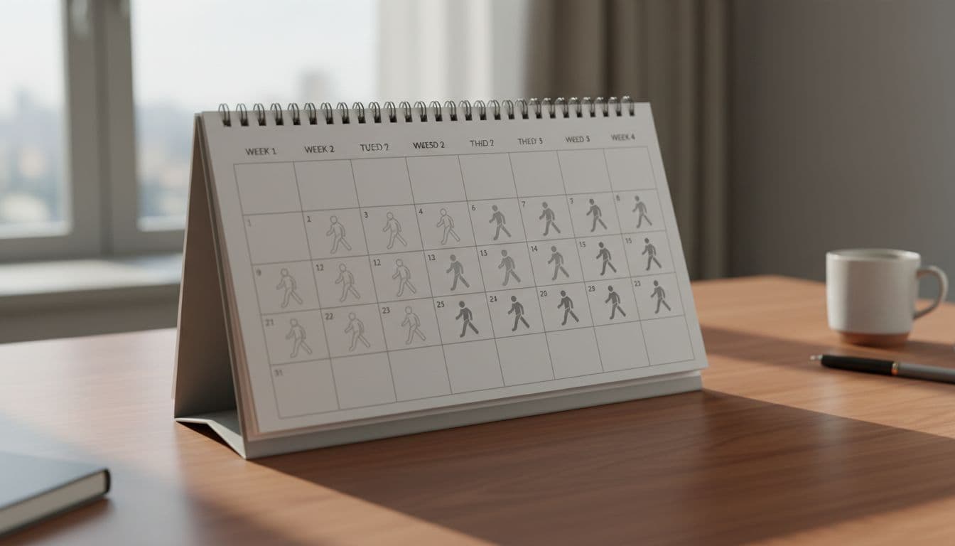 Realistic photo of an open desk calendar on a wooden surface under natural window light, showing four weeks with subtle icons of a person walking smoothly appearing faintly and progressively stronger from week 1 to week 4, high detail, no readable text or numbers.