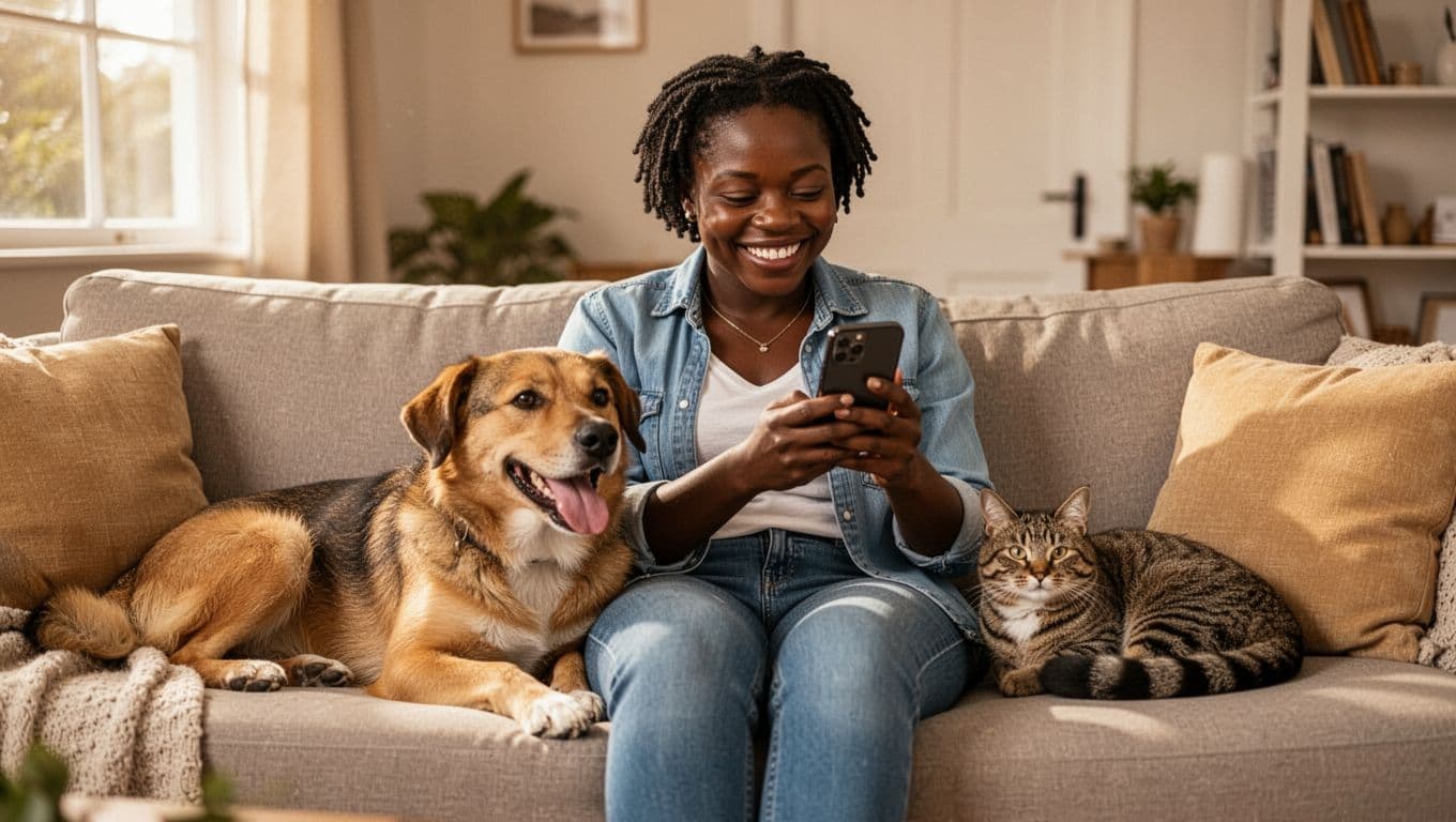 A joyful South African woman in casual clothes sits smiling on a cozy living room couch with her happy medium-sized dog beside her and a cat curled up nearby, looking at her phone after receiving good news on a pet insurance claim, in warm natural lighting.