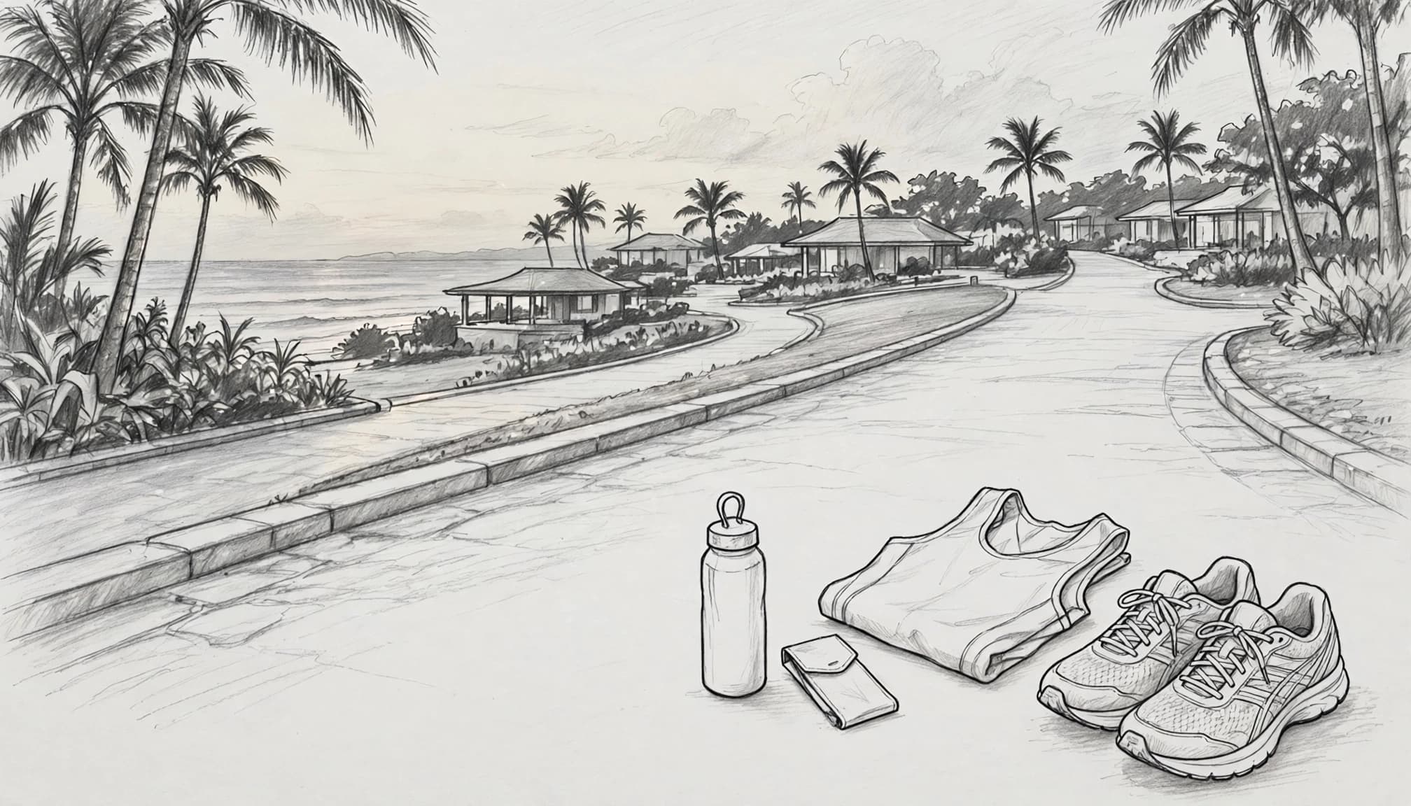 Running shoes and race gear beside a water bottle on a quiet beach resort walkway.