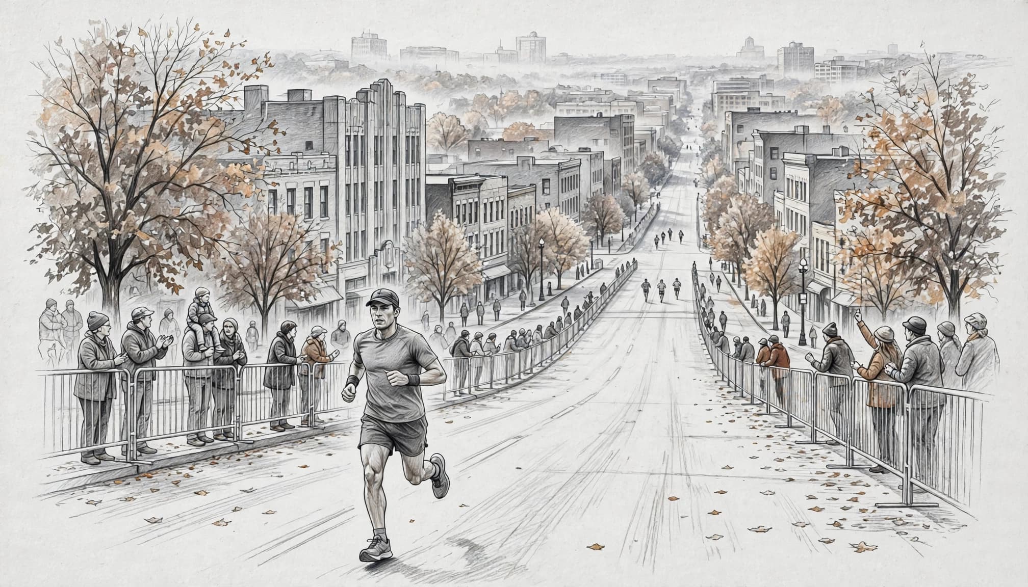 A marathon runner moves along a Kansas City street with spectators and runners behind.