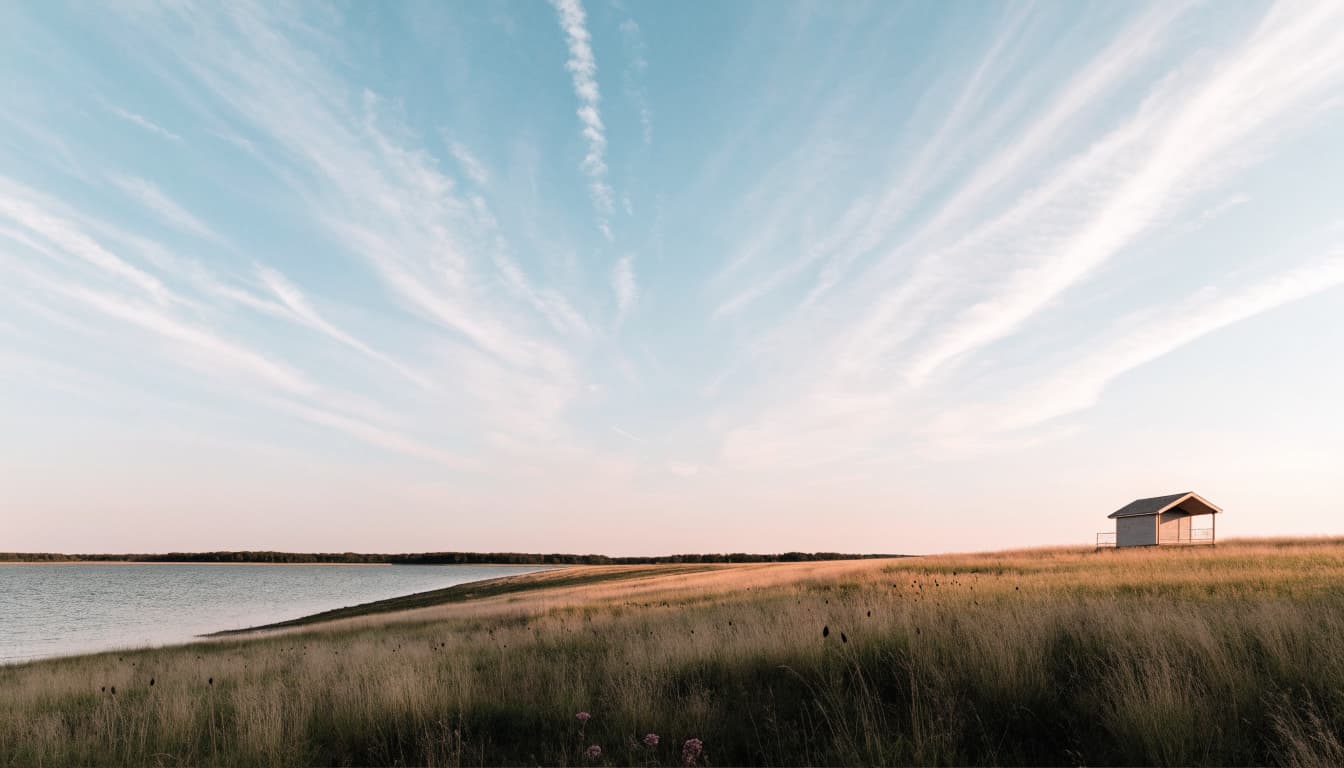 A small tiny home sits on a grassy hill next to a lake under a wide, cloudy sky.