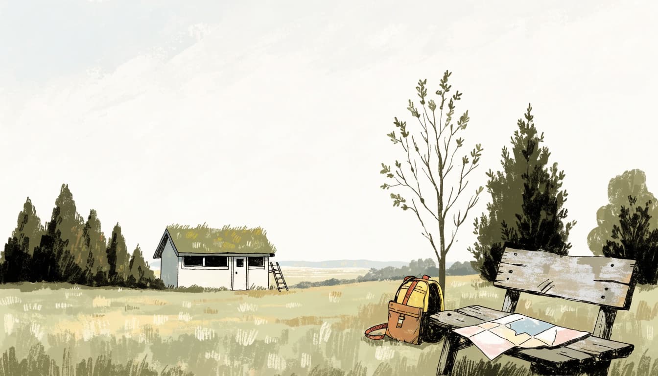 An illustrated tiny house stands on a grassy plain near a bench with a backpack and map.