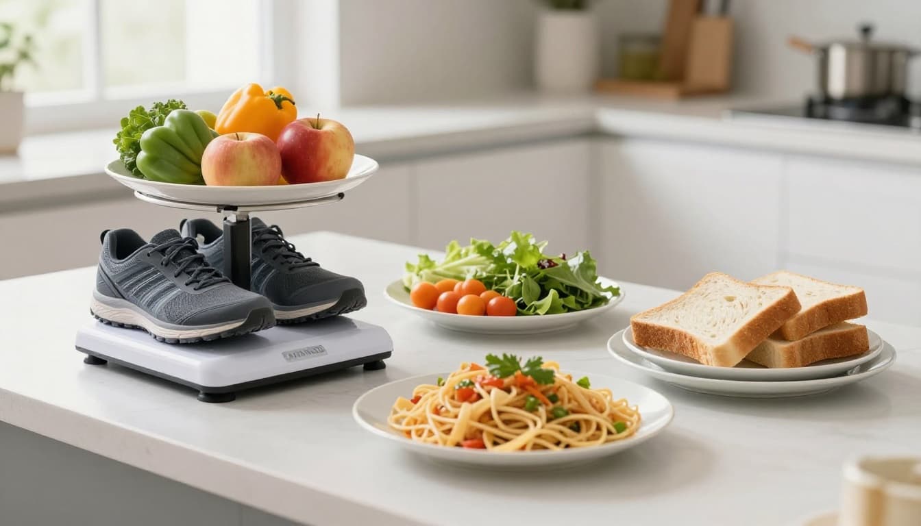 A kitchen scale tips slightly to the 'burned' side with running shoes, walking shoes, fresh vegetables, and fruits outweighing plates of balanced meals like pasta, salad, and bread in a bright, modern kitchen.