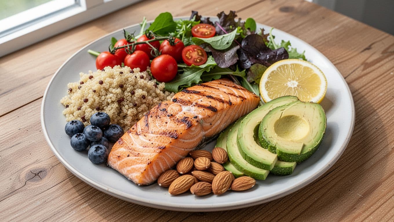 Close-up top-down view of a colorful balanced meal plate on a wooden table, featuring grilled salmon fillet, quinoa, mixed greens salad with cherry tomatoes, blueberries, sliced avocado, almonds, and lemon wedge for knee muscle recovery.