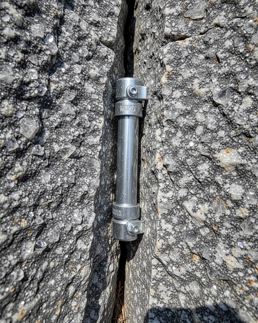 Kong tube chock expanded in a parallel granite splitter crack on rough gray textured granite with crystals, vertical orientation, locking collar set tight, natural sunlight, highly detailed realistic photo.