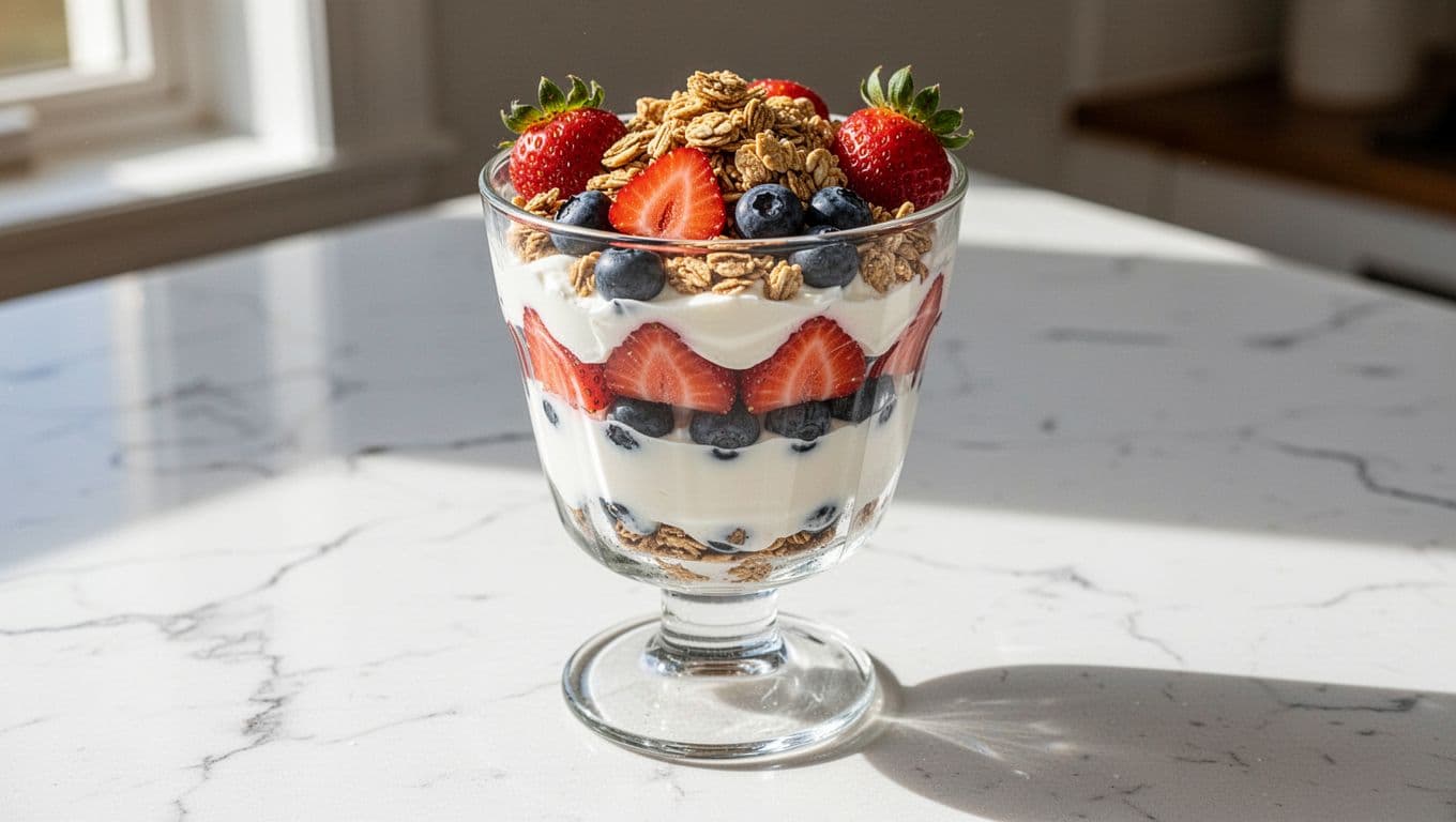 Clear parfait glass layered with thick Greek yogurt, fresh mixed berries like strawberries and blueberries, topped with crunchy low-sugar granola, on a white marble countertop in bright morning light.