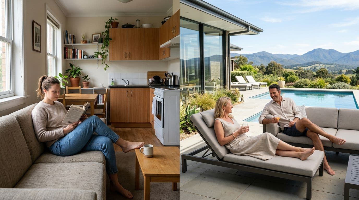 Split scene comparing FIRE lifestyles: left shows Lean FIRE with one person in a cozy apartment reading a book amid simple furniture; right shows Fat FIRE with a couple relaxing in a luxurious home near a pool, realistic photography with natural daylight.