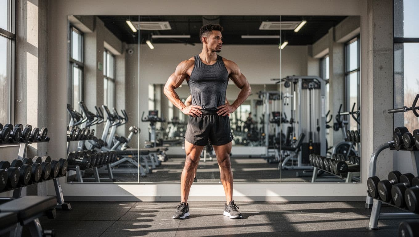 Lean runner confidently poses in front of gym mirror, revealing muscular definition and body composition after fat-shredding cut, under natural lighting.