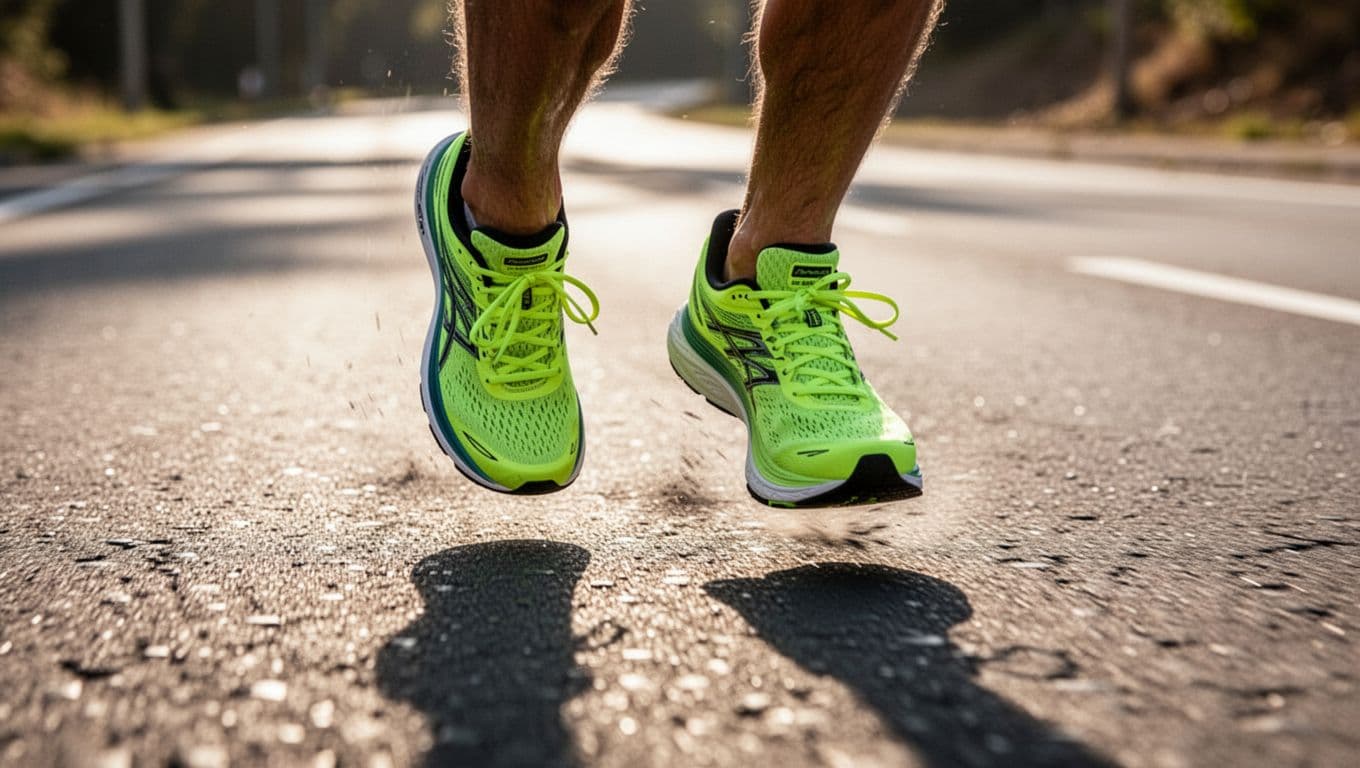 Bright athletic sneakers are captured in mid-stride on dark asphalt. The low-angle perspective highlights the shoe tread and textured road surface, emphasizing high-speed motion and lightweight design for intensive training.