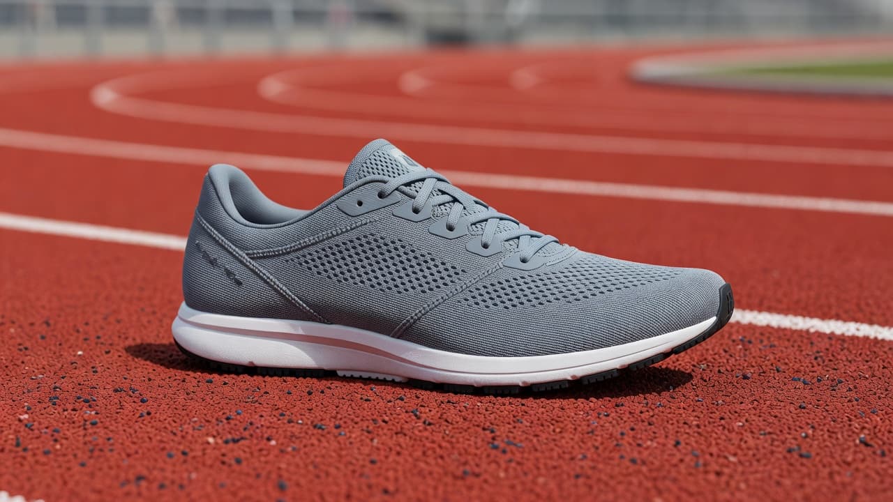 A single breathable mesh racing shoe sits centered on a vivid red synthetic track surface. The shallow depth of field keeps the shoe's sleek design sharp against the blurred track texture.