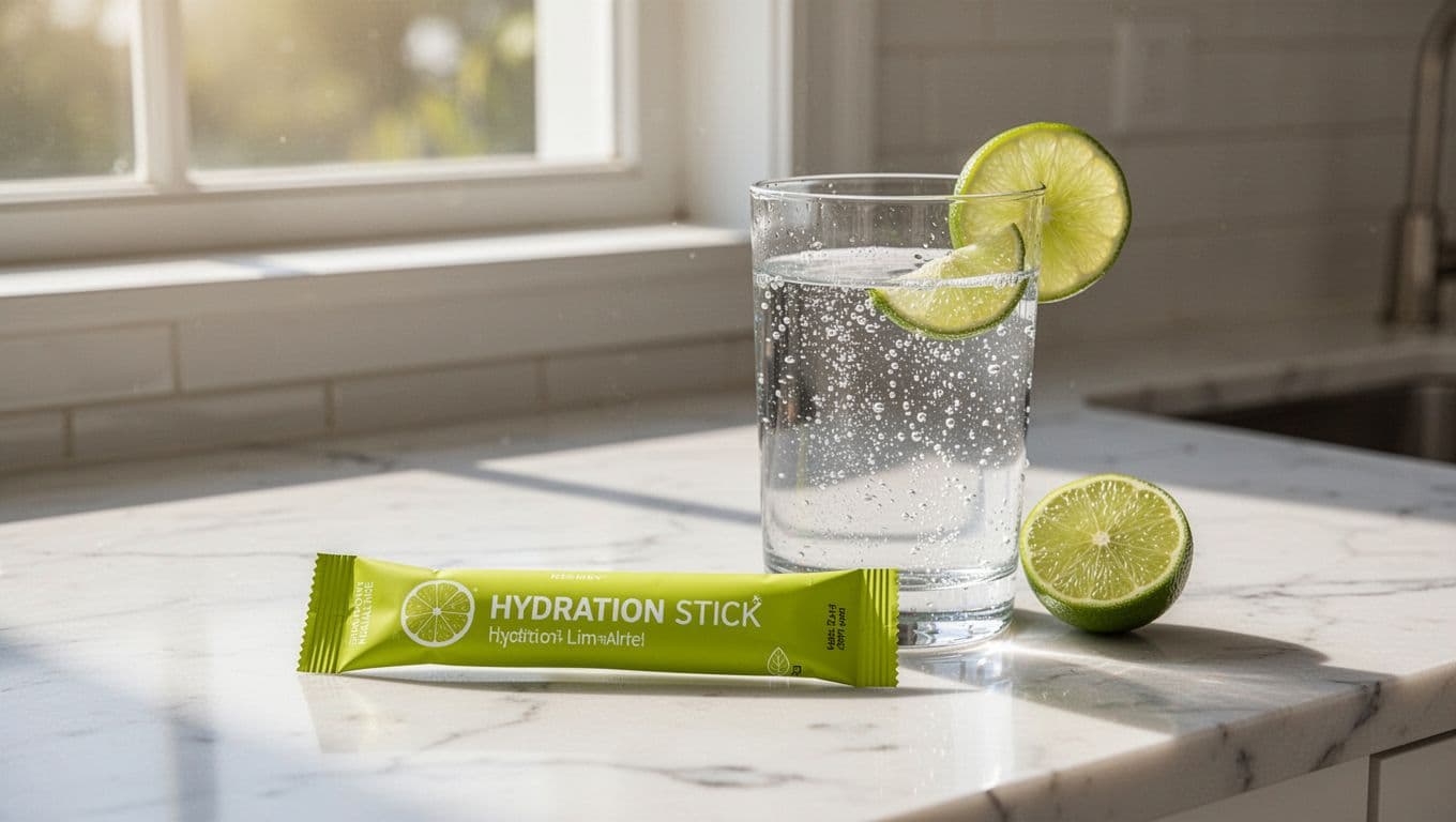 Green Liquid IV lemon lime stick pack on white marble counter next to fizzy water glass and lime wedge.