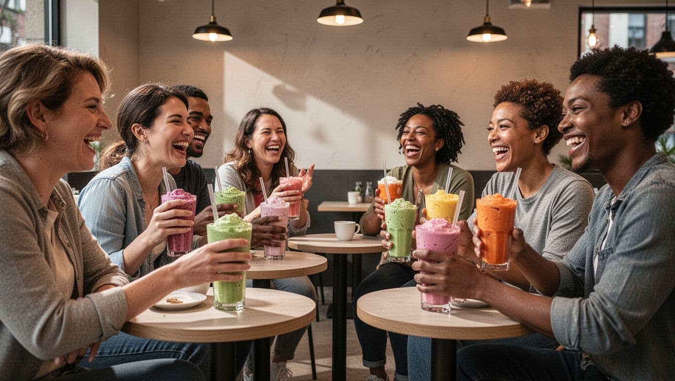 Diverse group of 4-6 adults in a cozy cafe sitting around small tables, drinking colorful shakes and teas from cups, chatting happily with smiles in a warm community atmosphere.
