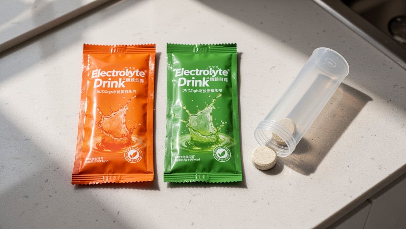 LMNT orange packet, Liquid IV green stick, and open Nuun tube side by side on kitchen counter.