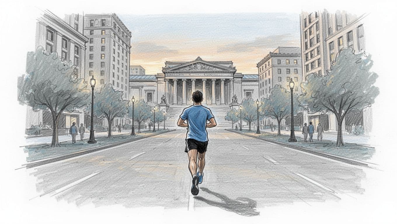 A lone runner walks toward the Parkway near Philadelphia hotels before sunrise.
