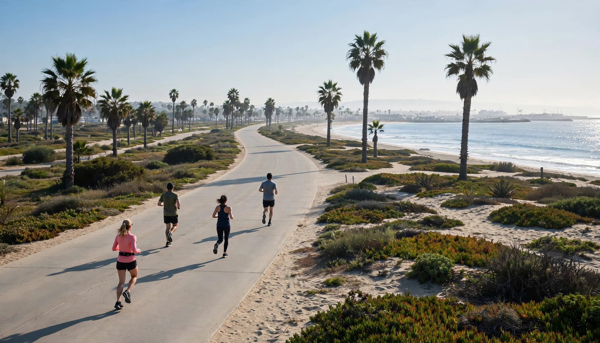Four runners follow a flat coastal road beside palms and the ocean.