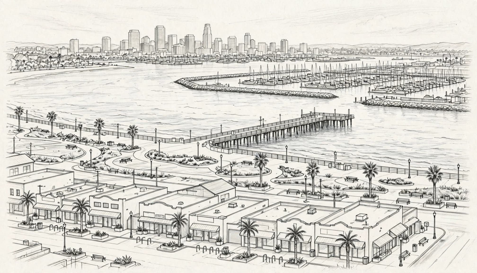 A pencil sketch of Long Beach, with a marina, skyline, waterfront, and beachside street.