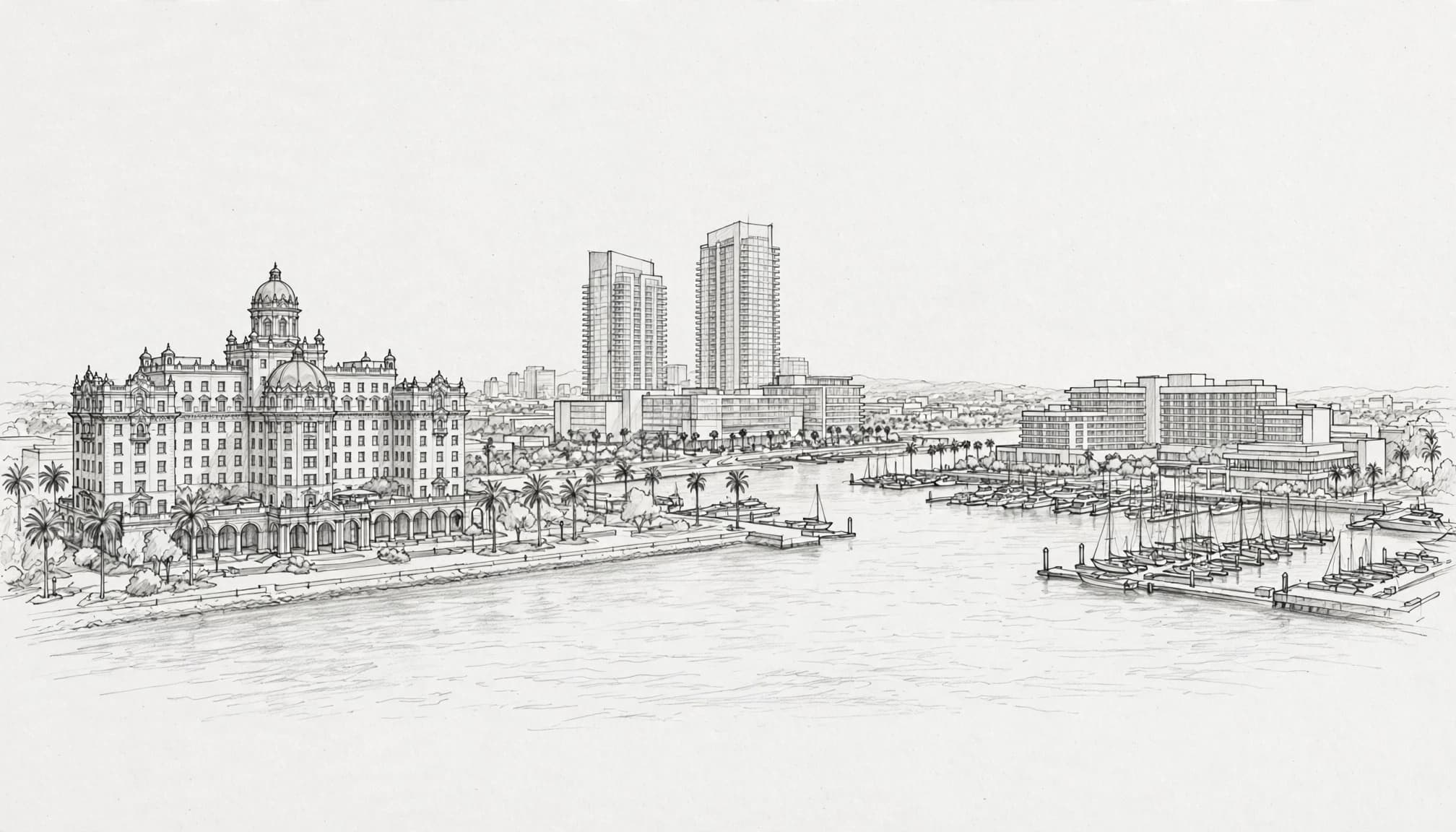 A historic hotel, modern towers, and a marina-side hotel line the harbor.