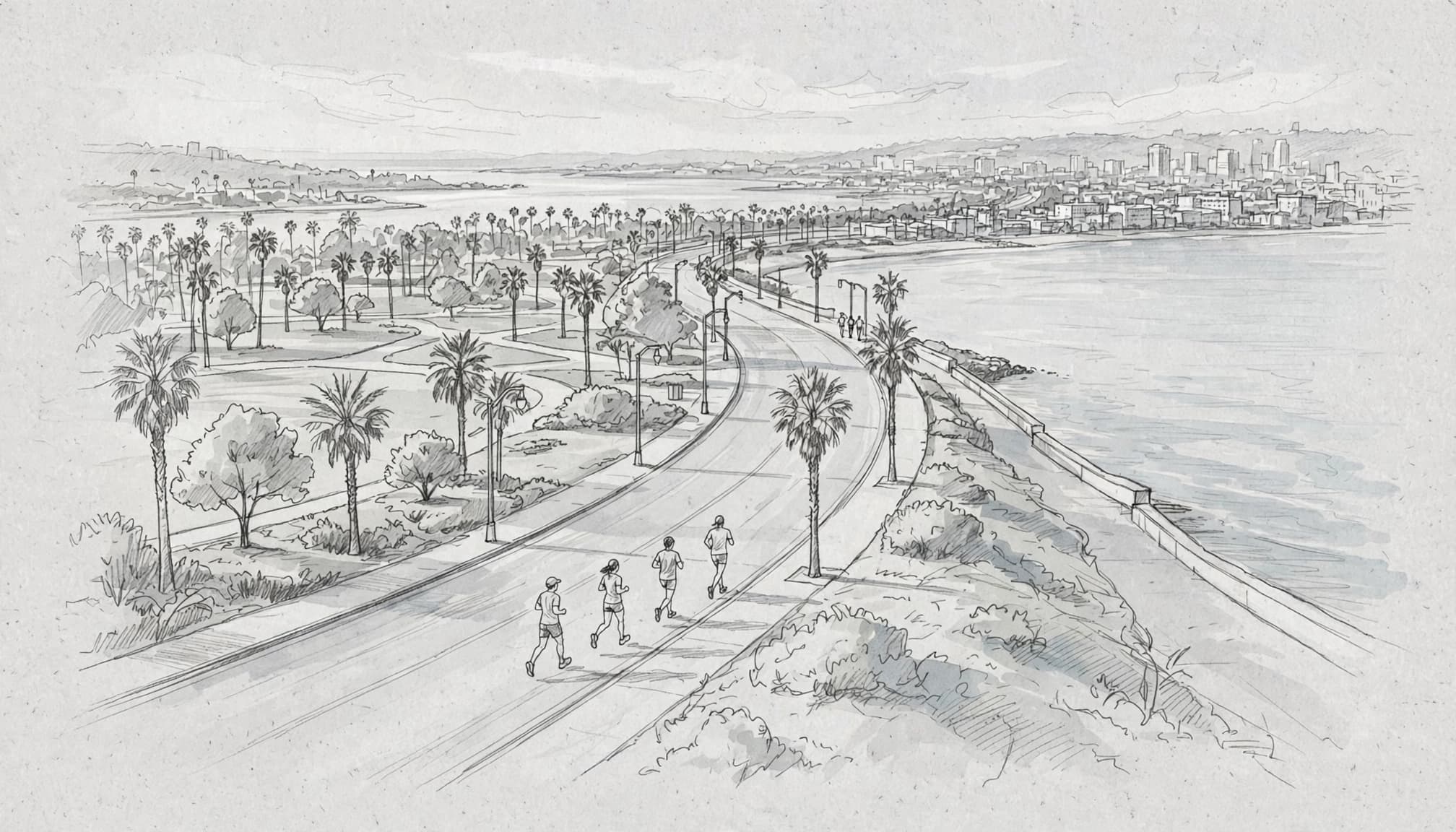 Four runners head along a waterfront road toward the coast.