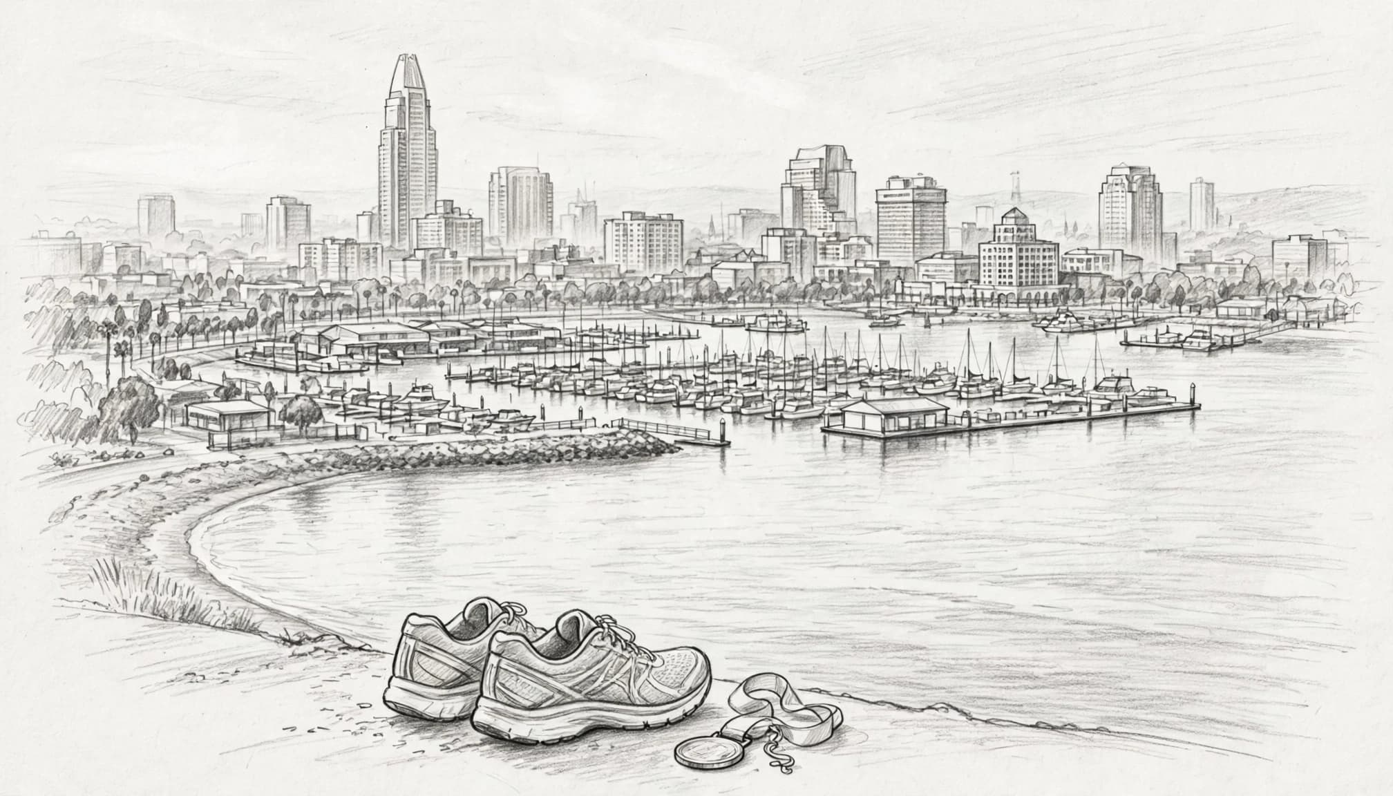Running shoes and a medal overlook the Long Beach marina and downtown hotels.