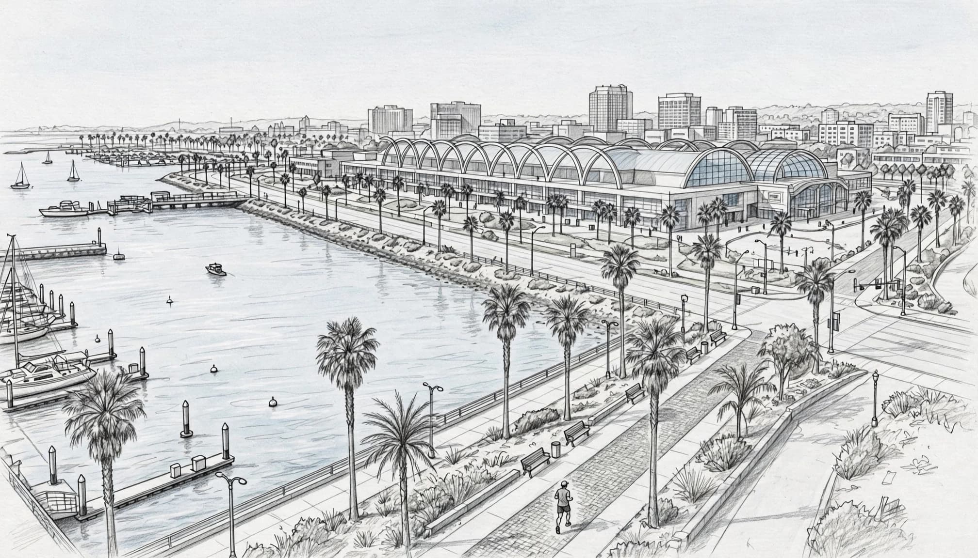 A runner walks beside the Long Beach harbor, with palm trees and the Convention Center in the background.