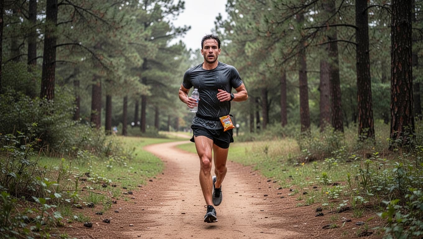 A solo runner jogs steadily mid-stride on a dirt trail in a forested park during a long training run, holding a handheld water bottle with a snack wrapper tucked in the waistband, showing focused expression and sweat under natural overcast lighting.