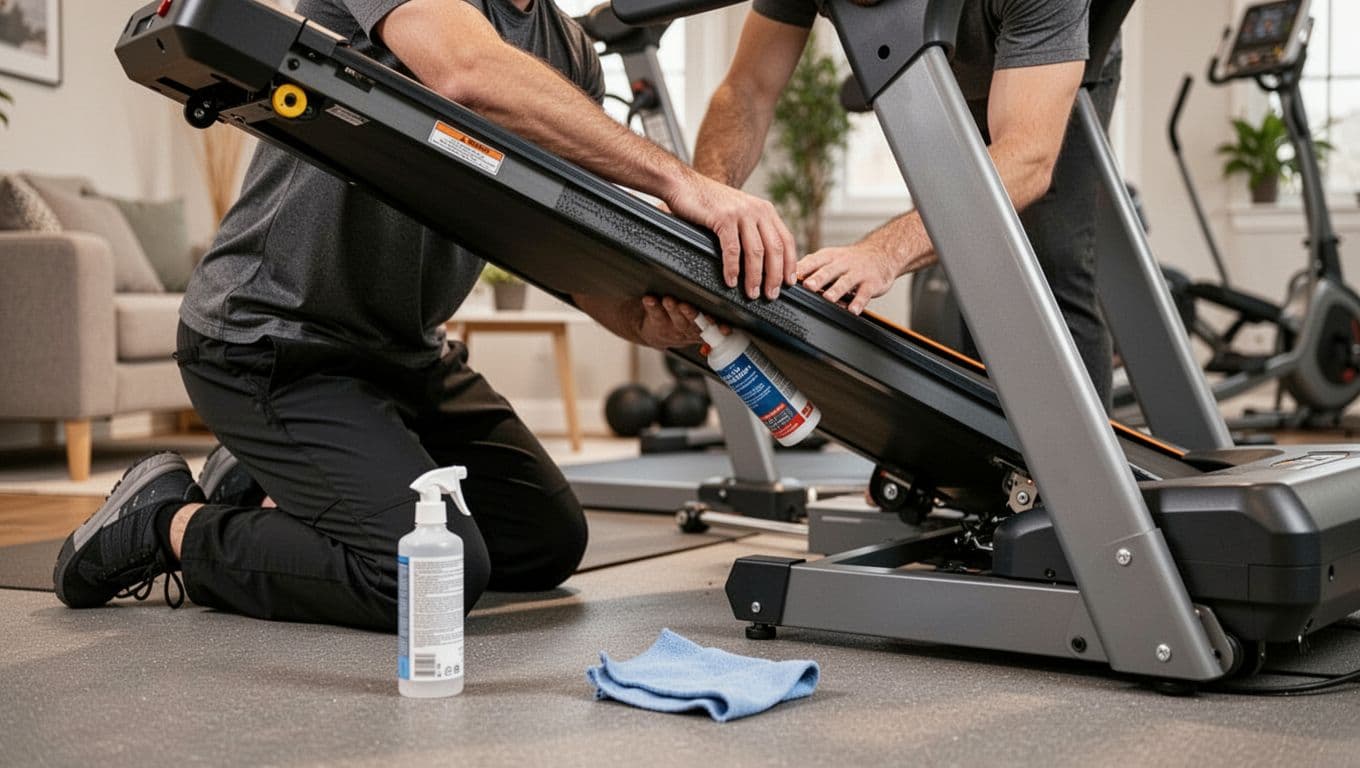 One person kneeling in a home gym, applying lubricant to the underside of a heavy-duty treadmill belt from a side view, with spray bottle and cloth nearby on the floor.