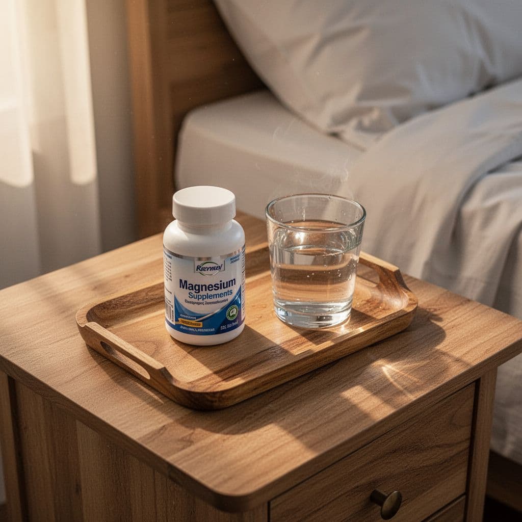 A bottle of magnesium supplements and a glass of water sit on a wooden tray at sunrise.