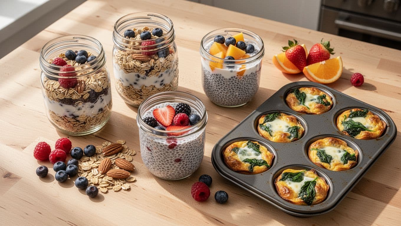Top-down view of overnight oats, egg muffins with spinach and cheese, chia pudding, and yogurt parfait in glass jars and muffin tin on a wooden kitchen counter, featuring fresh vibrant ingredients in soft natural light.